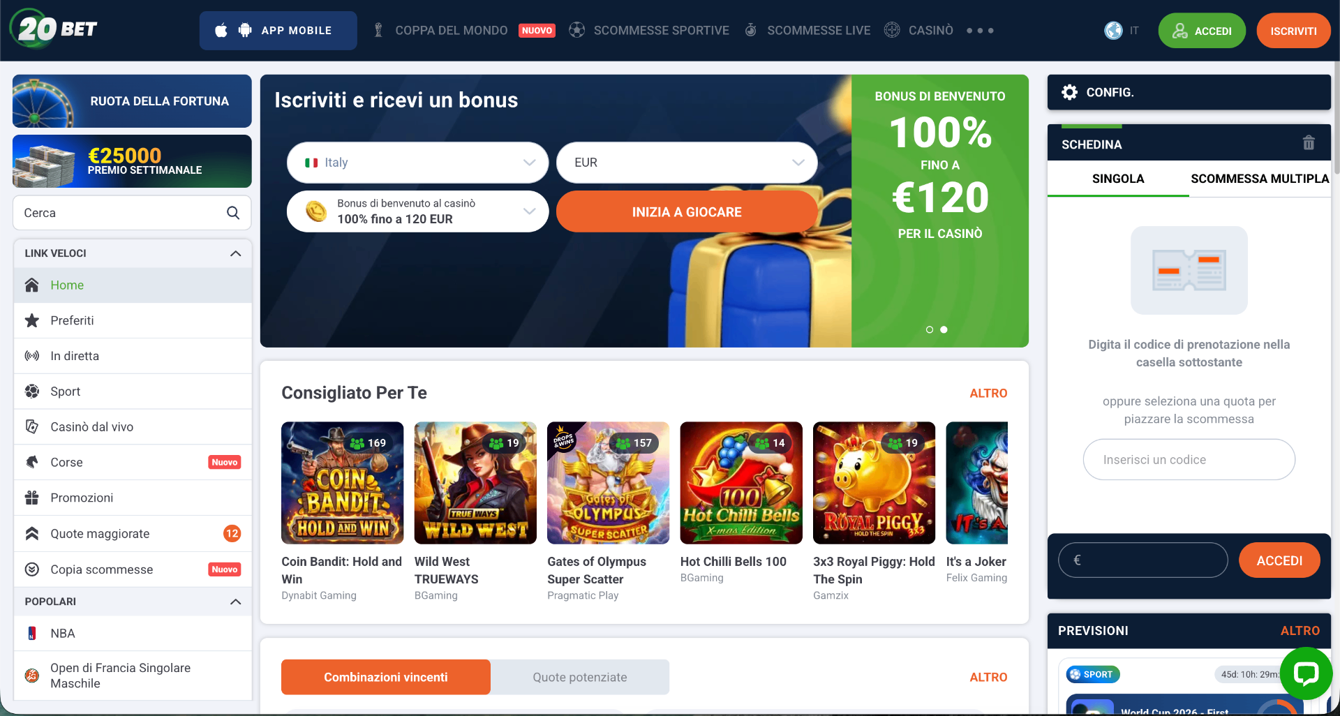 Screenshot della homepage di 20Bet Casino