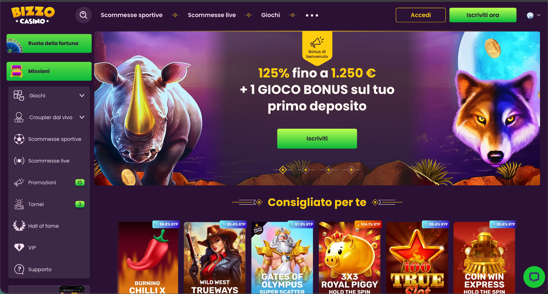 Screenshot della homepage di Bizzo Casino