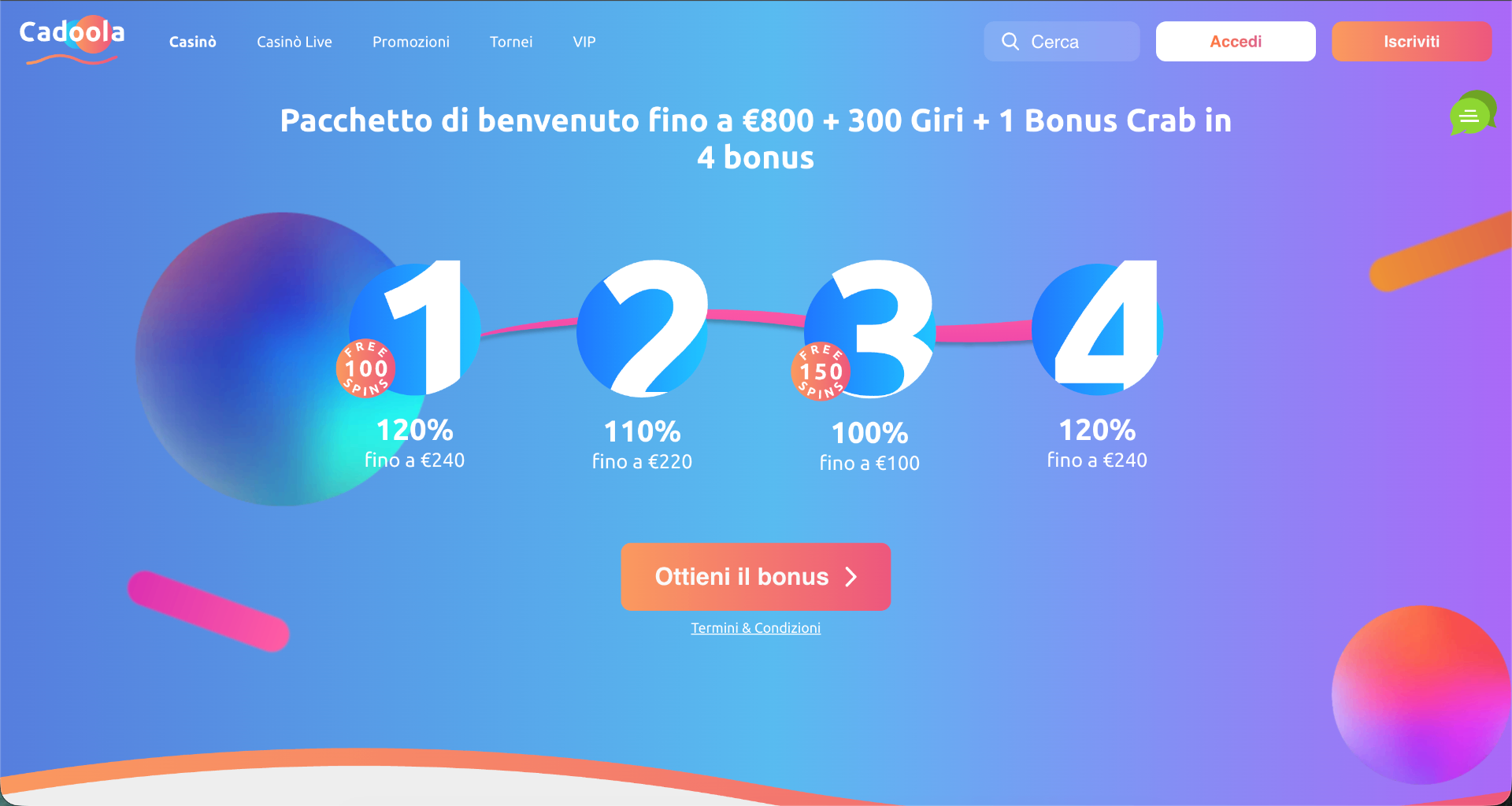 Screenshot della homepage di Cadoola Casino