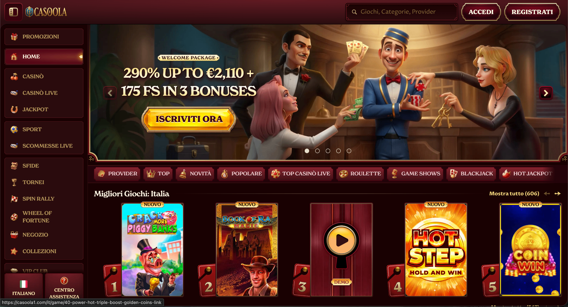 Screenshot della homepage di Casoola