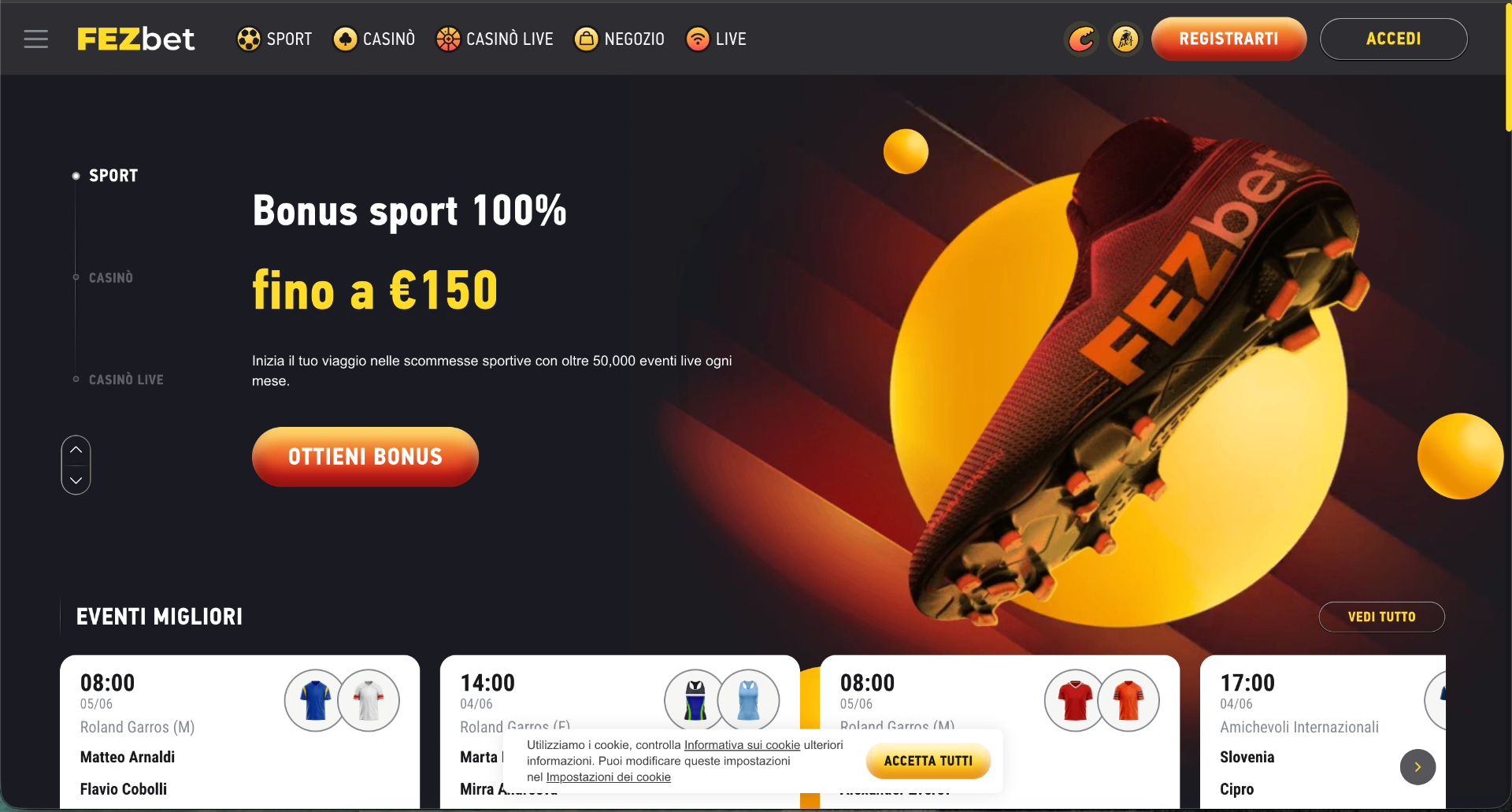 Screenshot della homepage di Fezbet Casino