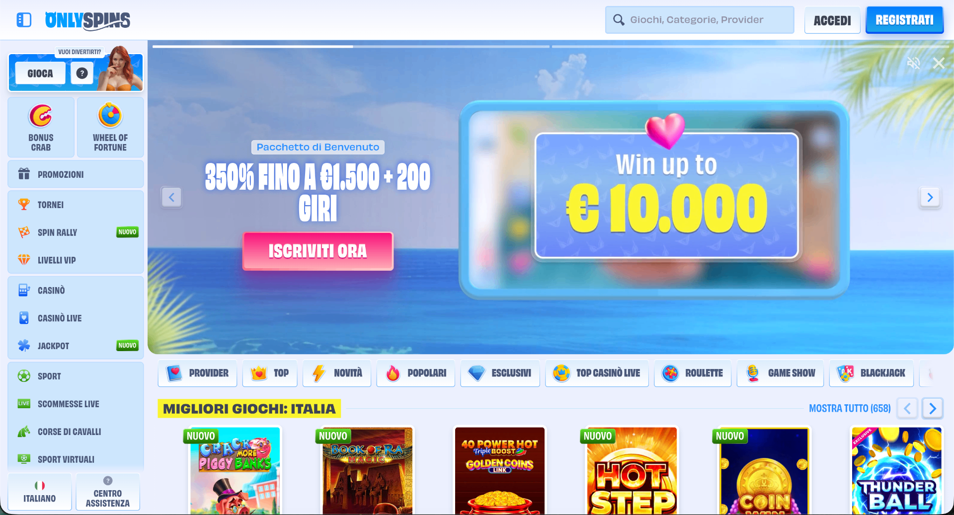 Screenshot della homepage di OnlySpins