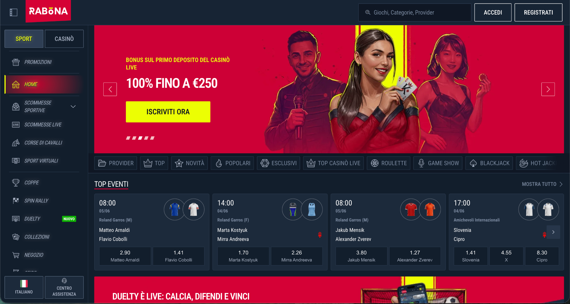 Screenshot della homepage di Rabona Scommesse