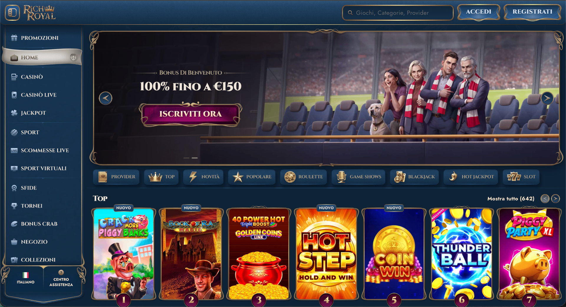 Screenshot della homepage di RichRoyal