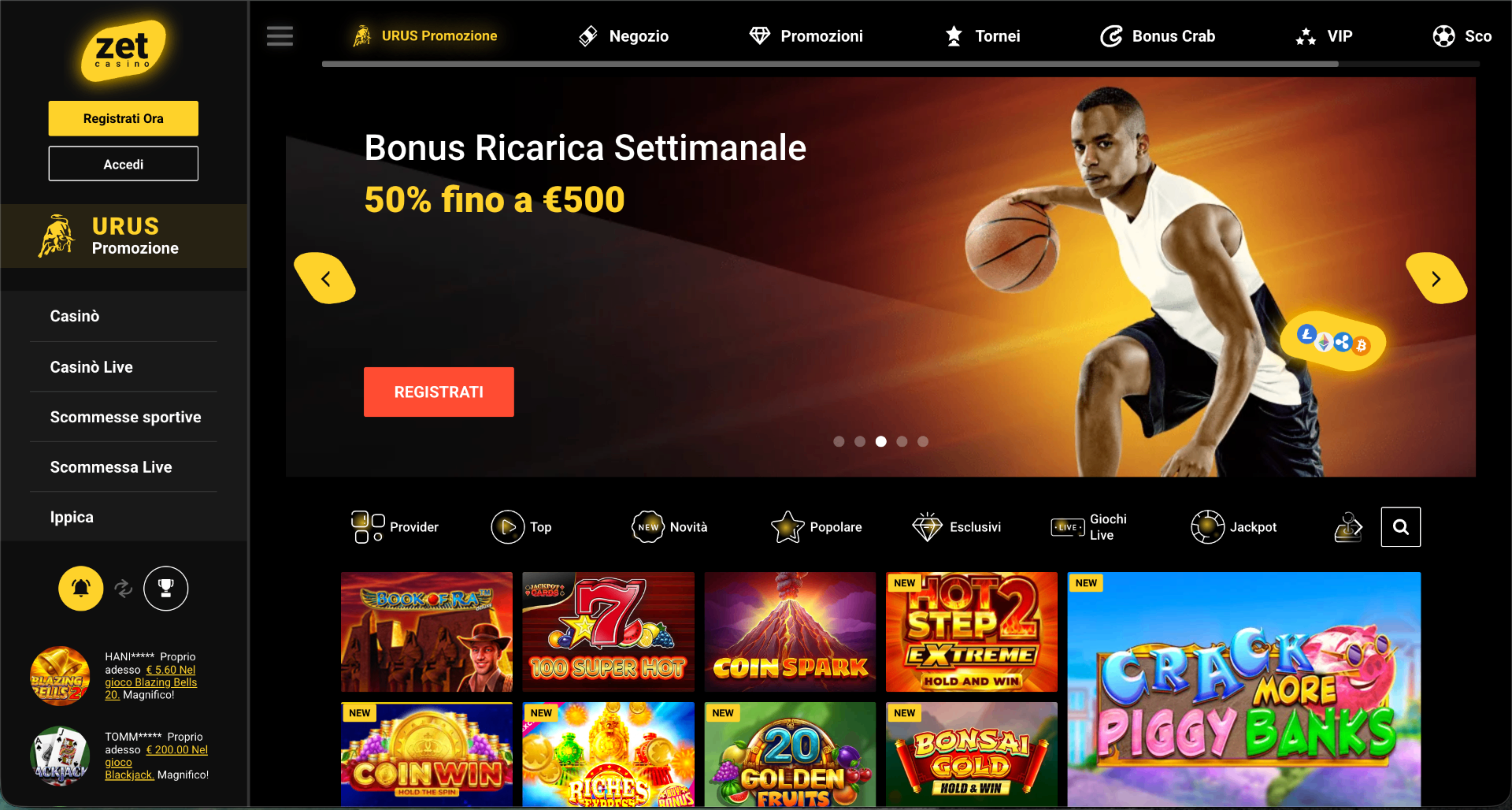Screenshot della homepage di Zet Casino